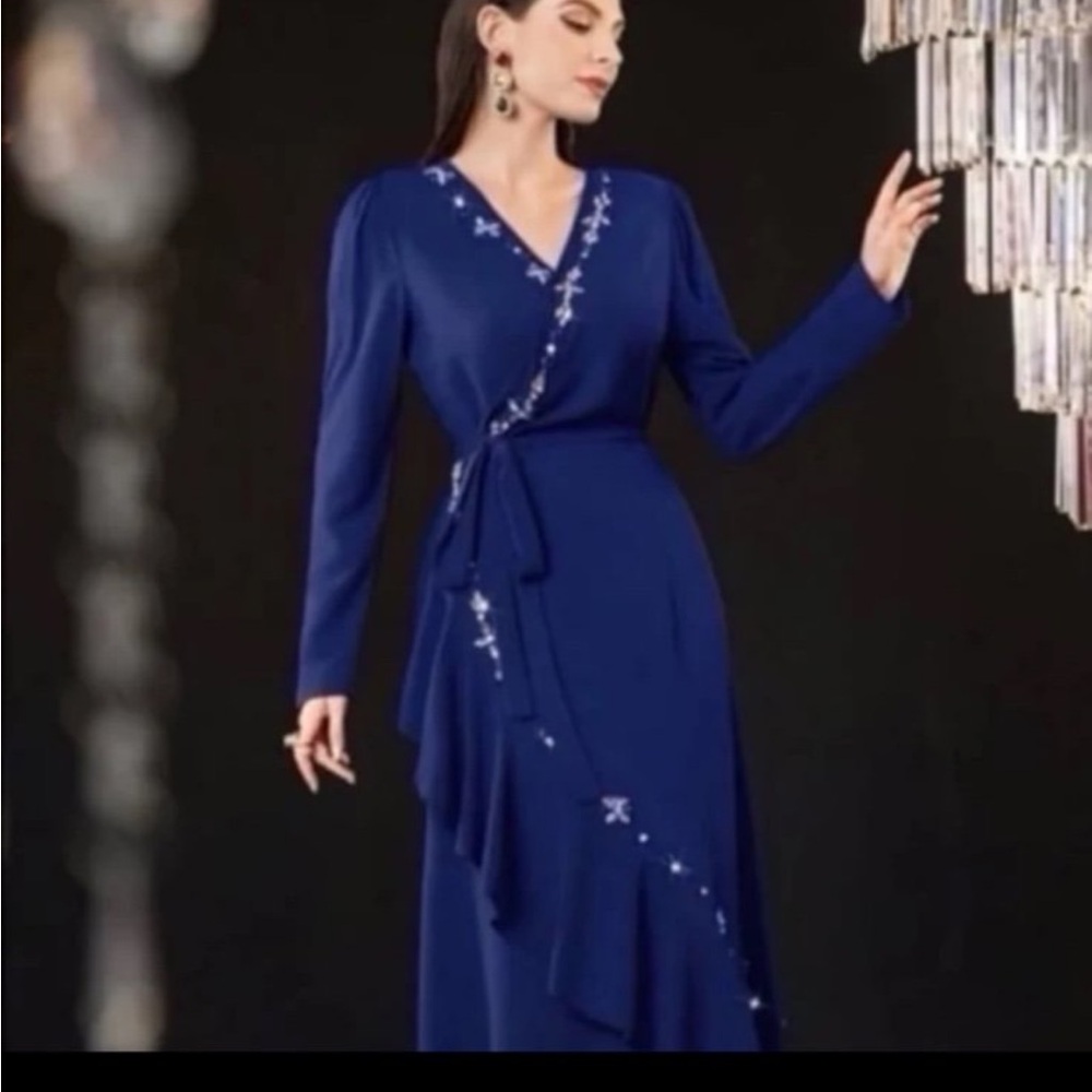 Blue wrap dress with rhinestones size medium gown formal evening wedding kaftan